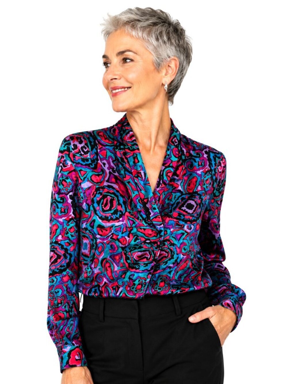 Vintage Flora Kung Blue Purple Magenta Jacquard Silk Blouse